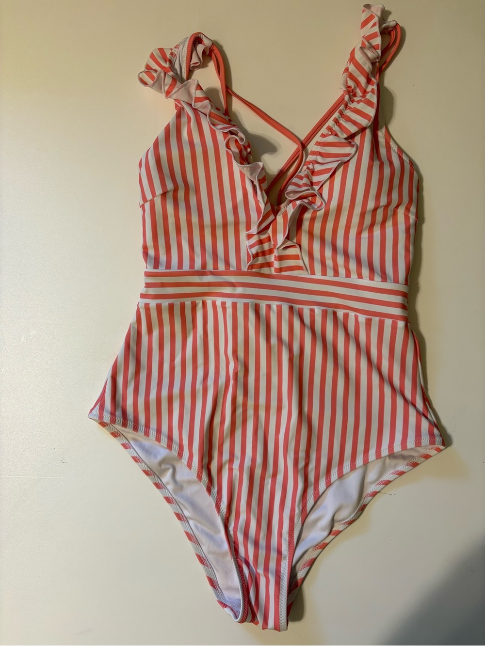 Pink and White Striped Ruffle One-Piece Swimsuit